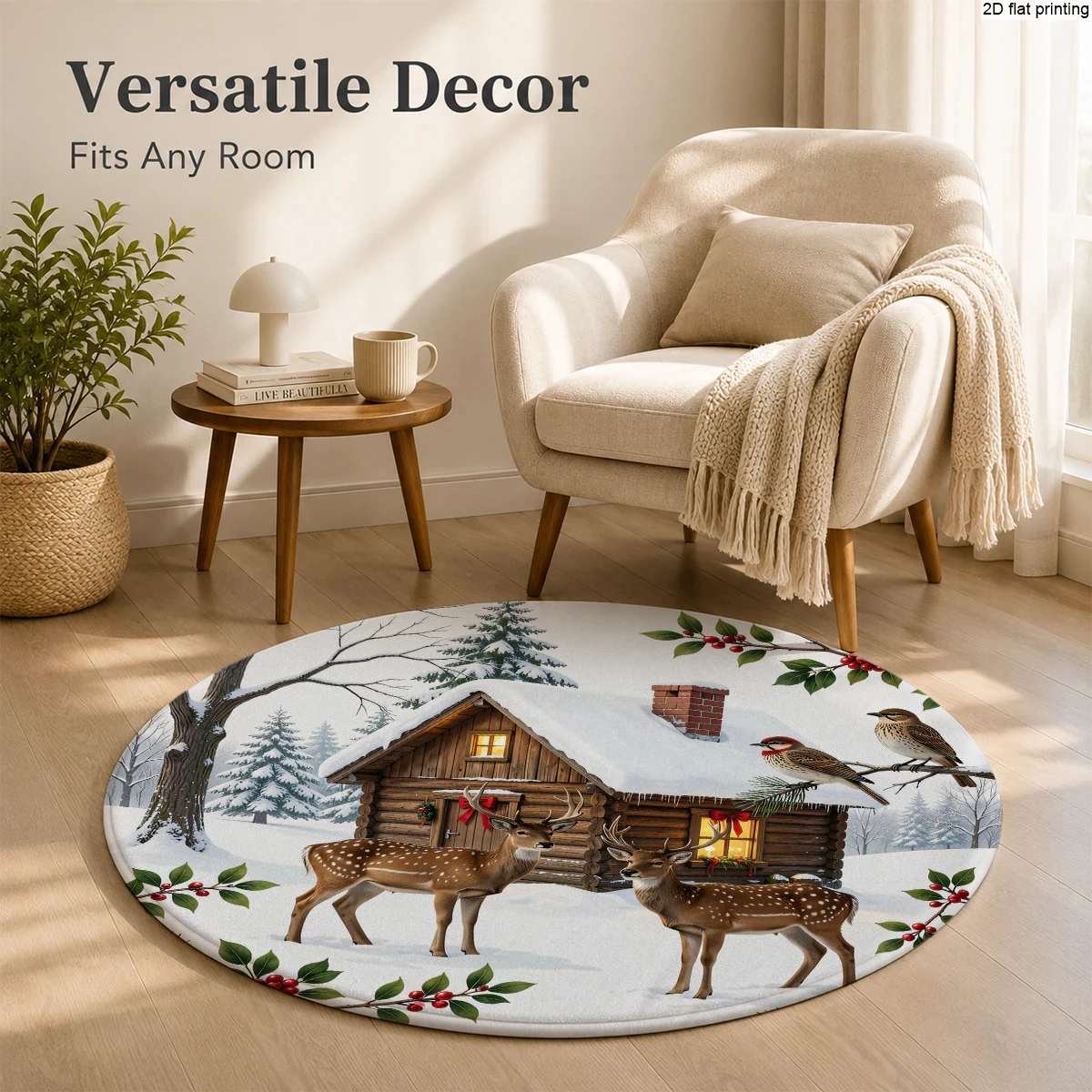 Dy8 (64) Round Small Rug with Christmas Deer, Wooden House, and Snow Scene Prints, 2D Flat Printing Technology, Soft and Skin-Friendly, Easy to Clean, Machine Washable, Non-Slip, Wear-Resistant Backing, Suitable for Bedroom, Living Room, Bathroom, Indoor Floor Decoration, Available in Multiple Sizes, Comfortable to Step on - view 7