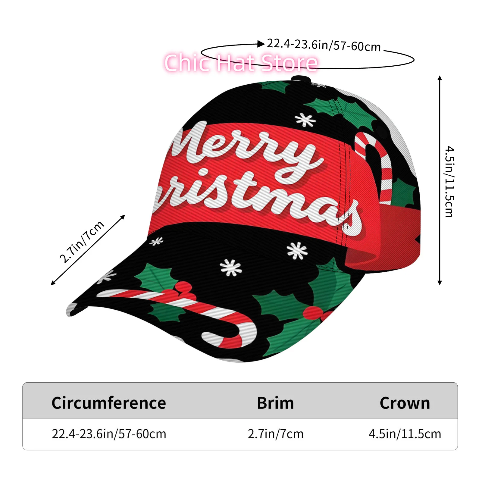 New Product Launch: Christmas & Everyday Dual-Use! Merry Christmas Holly Candy Cane Art Print Hat, Adjustable, Stylish Printed C