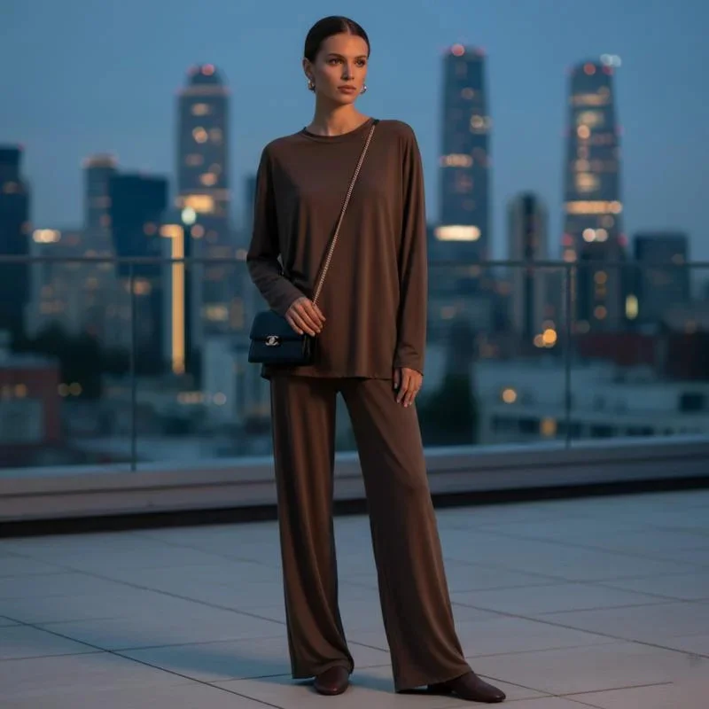 

Women's Spring Soft Rayon Knit Pajamas Set Long Sleeve Top Wide Leg Pants 2 Piece Outfit For Home Lounge Sleepwear Daily Wear