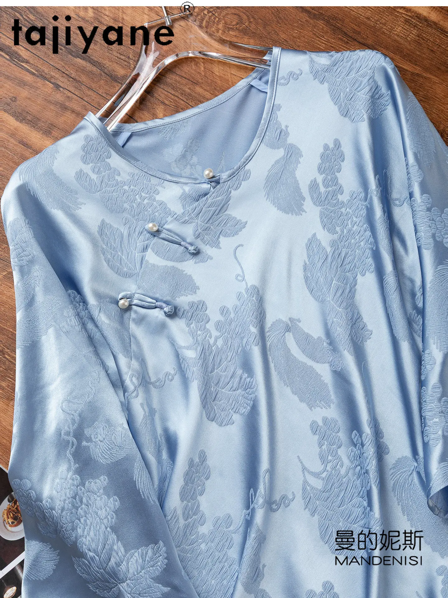 TAJIYANE 30MM 50% Mulberry Silk Shirts Woman New Chinese Style Spring Tops Blue Floral Jacquard Blouse 2026 Women Clothes одежда