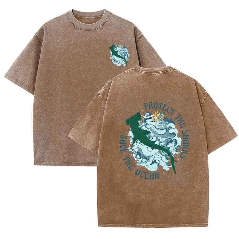Camiseta de manga corta con estampado doble de tiburón, onda y letras 'Protect Ocean', estilo vintage desgastado, corte holgado, talla asiática