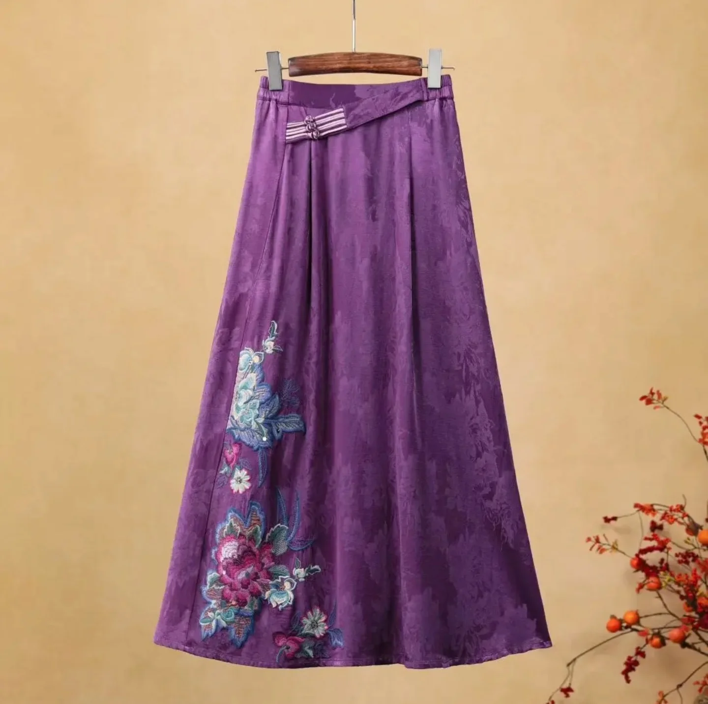 Women's Vintage Purple A-Line Skirt Chinese Style Embroidery Semi-Elastic Waist Original Jacquard Skirts Popular Ladies fashion