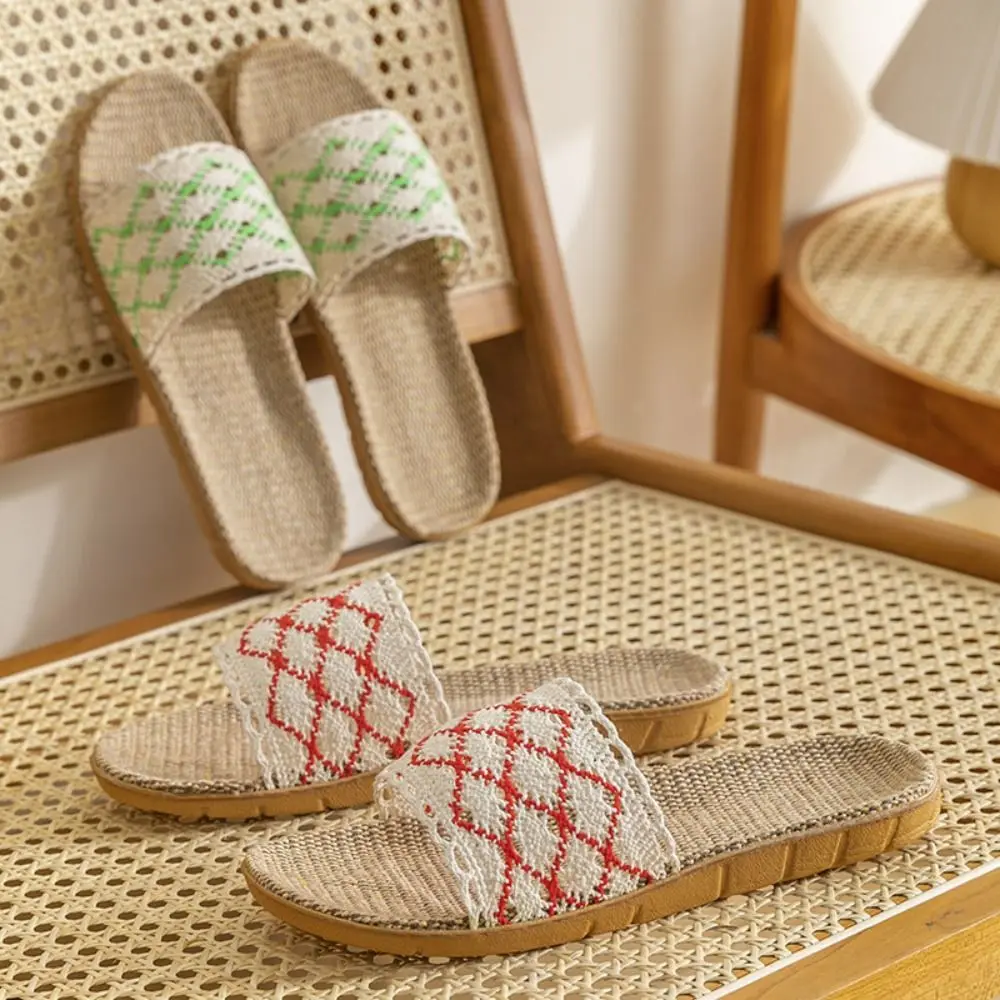 

Casual Stripe Flax Lace Slippers Sweet Non-Slip Straw Weave Slippers Vacation Beach Shoes Slippers for Women Girls