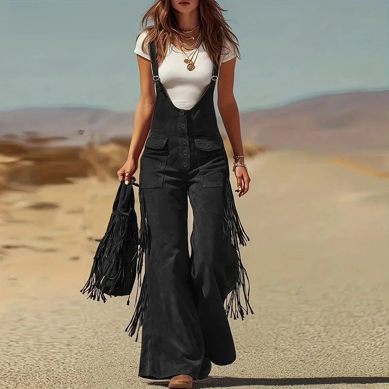Spring Sexy U Neck Button Strappy Bodysuit Jumpsuit Woman Retro Solid Suede Straight Romper Summer Wide Leg Tassel Pant Overalls