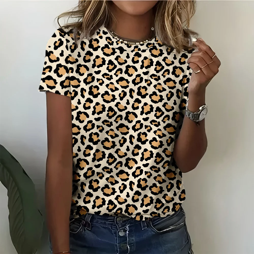 

Women's Short Sleeved Classic Versatile Daily Leopard Print Casual Round Neck T-shirt Lightweight Breathable Top Coffee