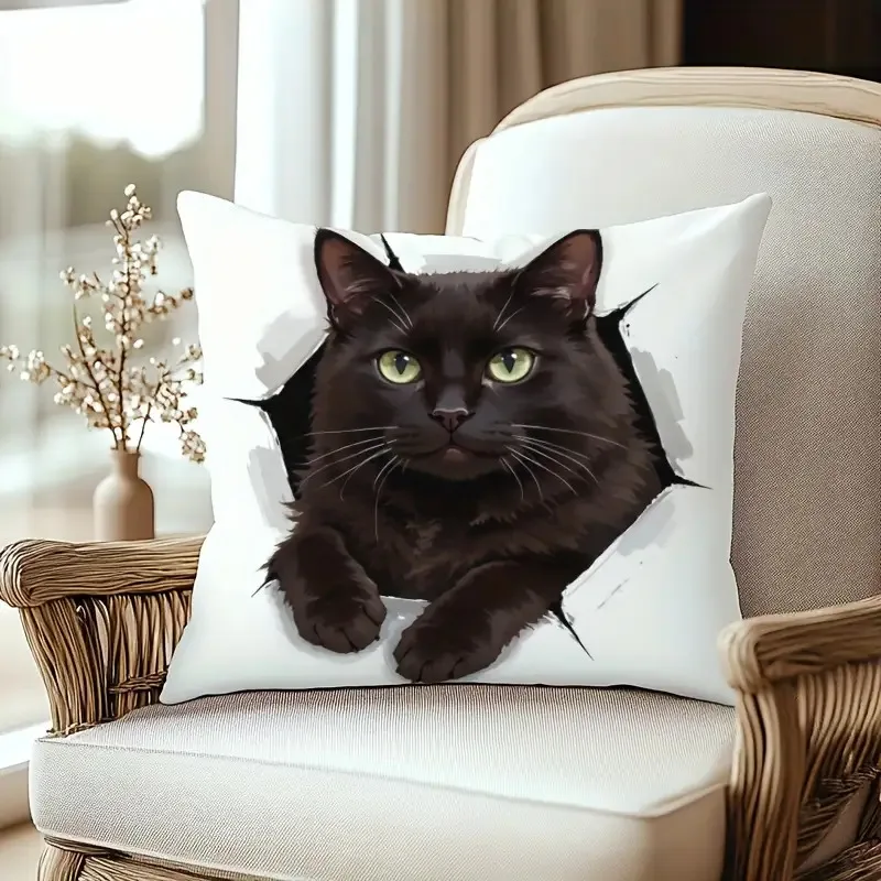 White Pillow Cover Black Cat Peeking Through Torn Paper Effect with Green Eyes 18x18 Inch Square Decor