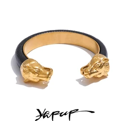 Yhpup 62mm Vintage Leather Wolf Personality Fashion Cuff Open Bracelet Bangle for Men Stainless Steel Wrist Wide Jewelry