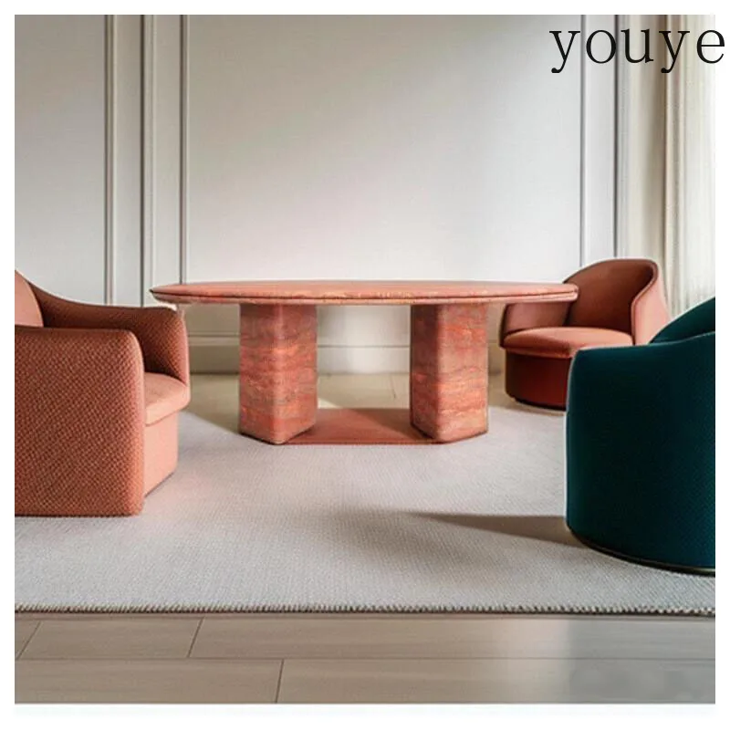 "Oversized Travertine Dining Table - Italian Modern Vintage Style, Custom Natural Stone Desk with Unique Shape"