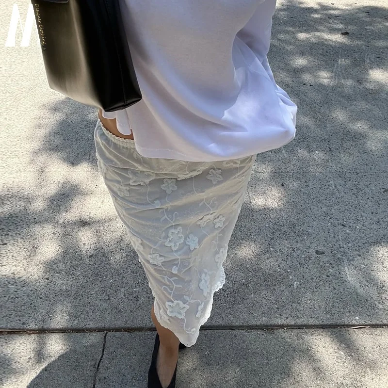 Spring Summer  Sweet Fairy Versatile Heavy Embroidery Flower Elastic Waist Half Body Skirt mid Skirt H Type Cotton Polye...