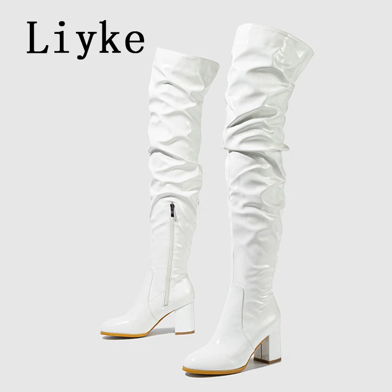 Liyke Autumn Winter White Patent Leather Over The Knee Boots Women Party Zip Thigh High Shoes Fashion Round Toe Thick Heel Pumps