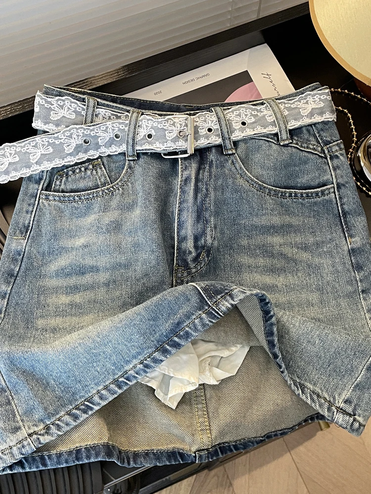 

Юбка А-силуэта с высокой талией, женская джинсовая, с защитой от просвечивания, летняя, модная, для повседневной носки, с кружевной подкладкой