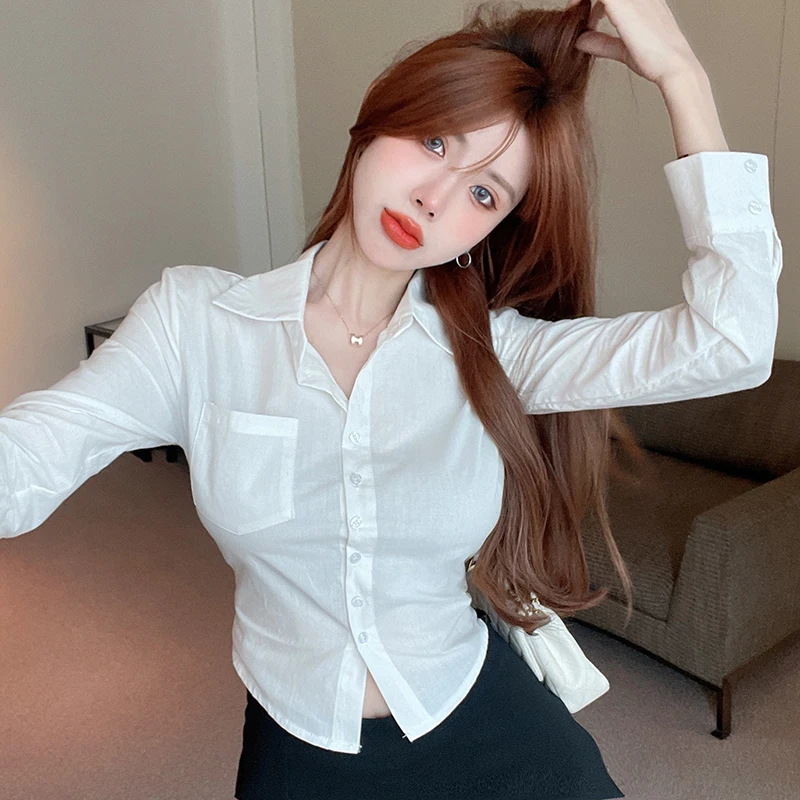 

Раннеосенняя женская приталенная рубашка в корейском стиле с вырезом, короткий рукав, элегантный топ Pure Desire Spicy