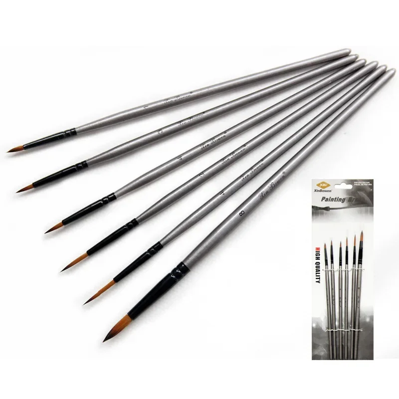 High quality round pointed watercolor nylon hook line pen Silver wooden short rod brush 6 pcs sets Oil brush art supplies