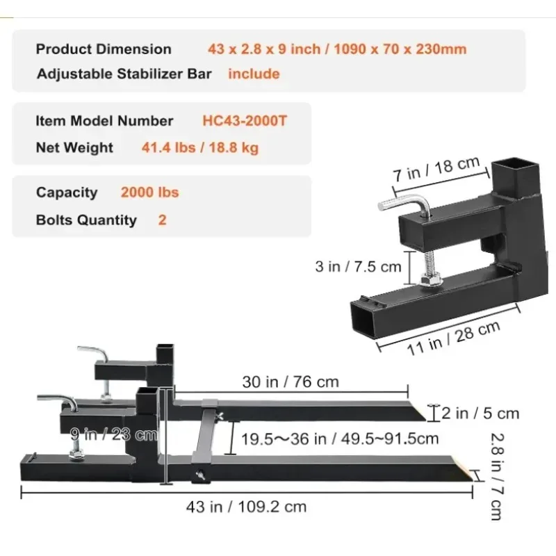

【Factory Price】Heavy Pallet Fork with Adjustable Stabilizer for Loader Bucket Slip Steering Tractor Black