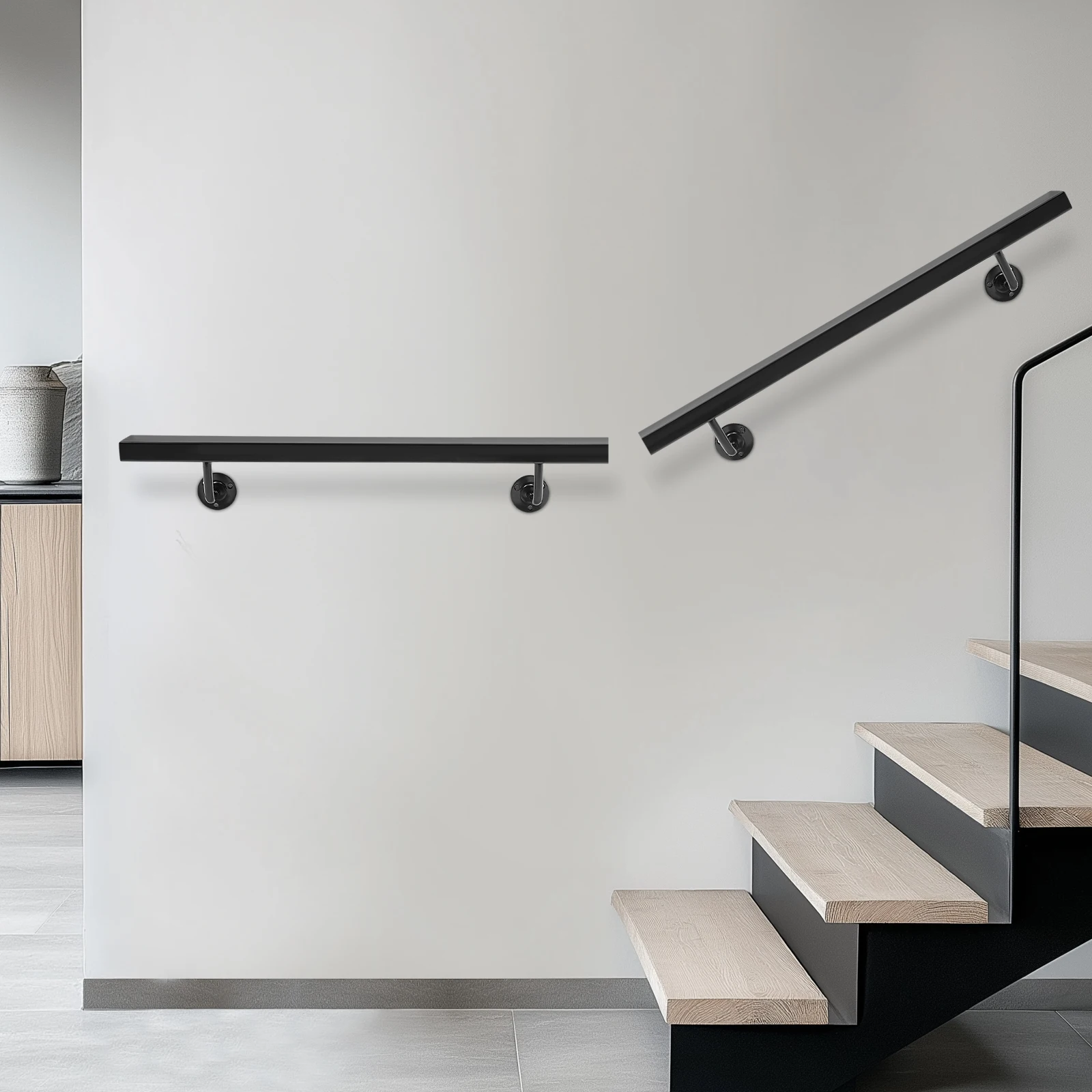 

Black Stainless Steel 5FT Rectangular Stair Handrail Load 200 Pounds Wall Mounted Handrail Anti-skid Railing