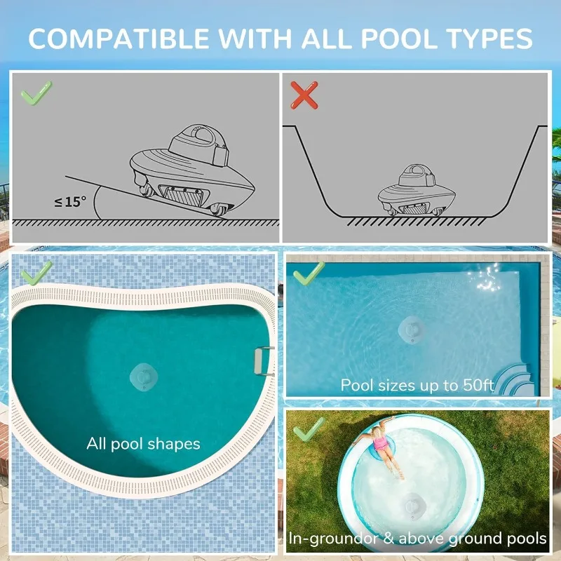 Aspirador de piscina robótico sem fio, limpador de água automático com alça superior, apto para piscina acima do solo e no solo