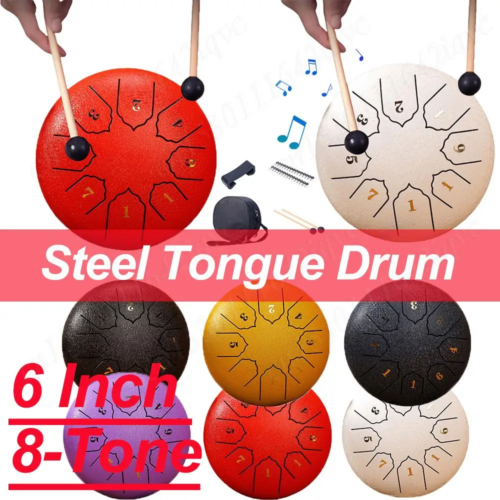 

Tongue Drum 6 Inch 8 Tone Steel Handpan Drum Ethereal Drums with Bag Drumsticks Mallet Holder Percussion Instruments Rain Chime