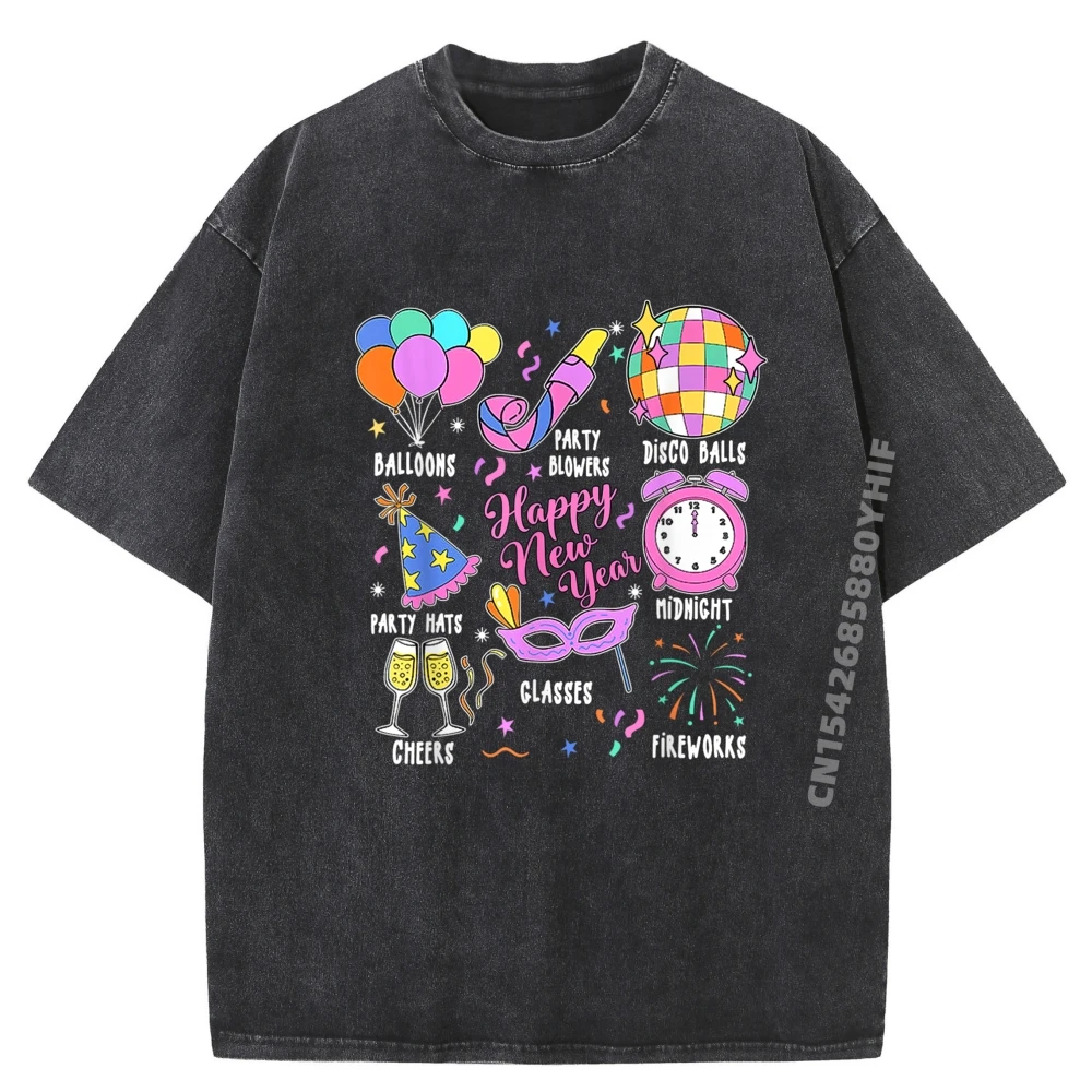 

Loose Men's T-shirt Happy New Year New Year Casual Tops Tees Slogan Printed Tee Shirts Retro Washed Clothes