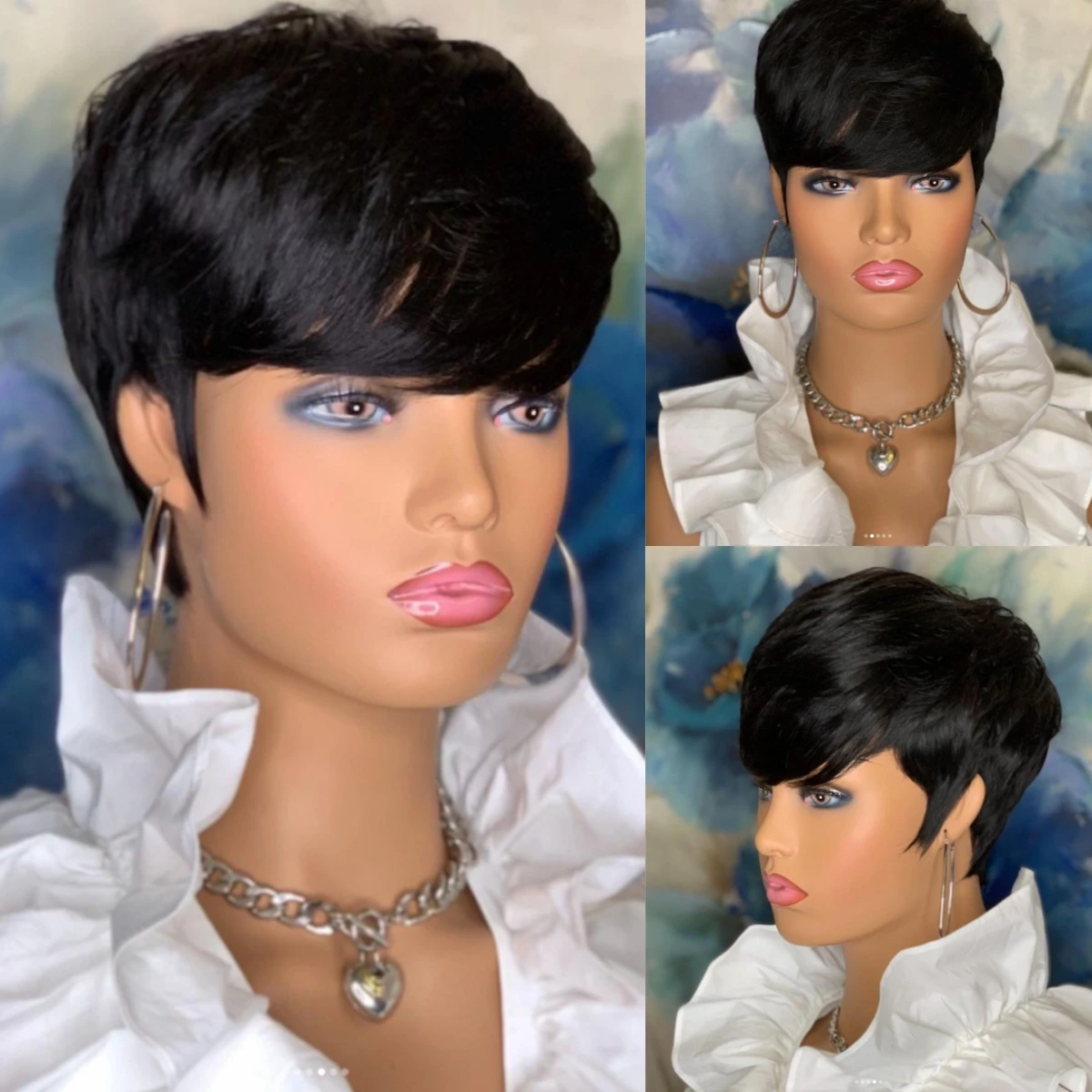 

Cuz Of Hair Black Synthetic Short Cheap Hair Pixie Cut Straight With Bangs Style Machine Made No Glue Wigs For Black Women