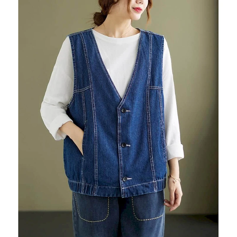 

Denim Vest for Women V-neck Artistic Casual Sleeveless Cardigans Korean Style Waistcoats Solid Vintage Oversized Women Tops