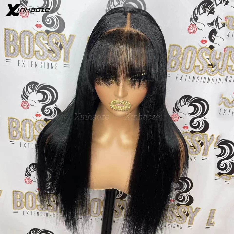 Straight Wig With Bangs Fringe 13x6 Lace Front Human Hair Wig With Bangs Brazilian Remy Hair Glueless 5x5 Silk Base Closure Wigs