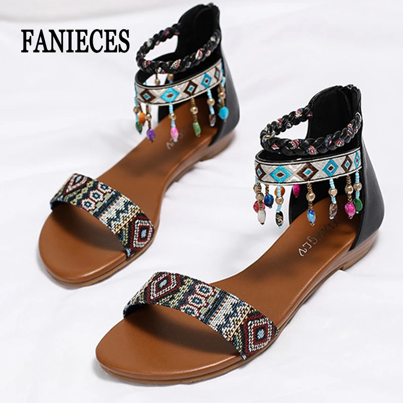 

Women Boho Flat Roman Sandals Plus Size Handmade Beaded Ethnic Style Bohemia Gladiator Footwear Casual Beach Sandalias Zapatos