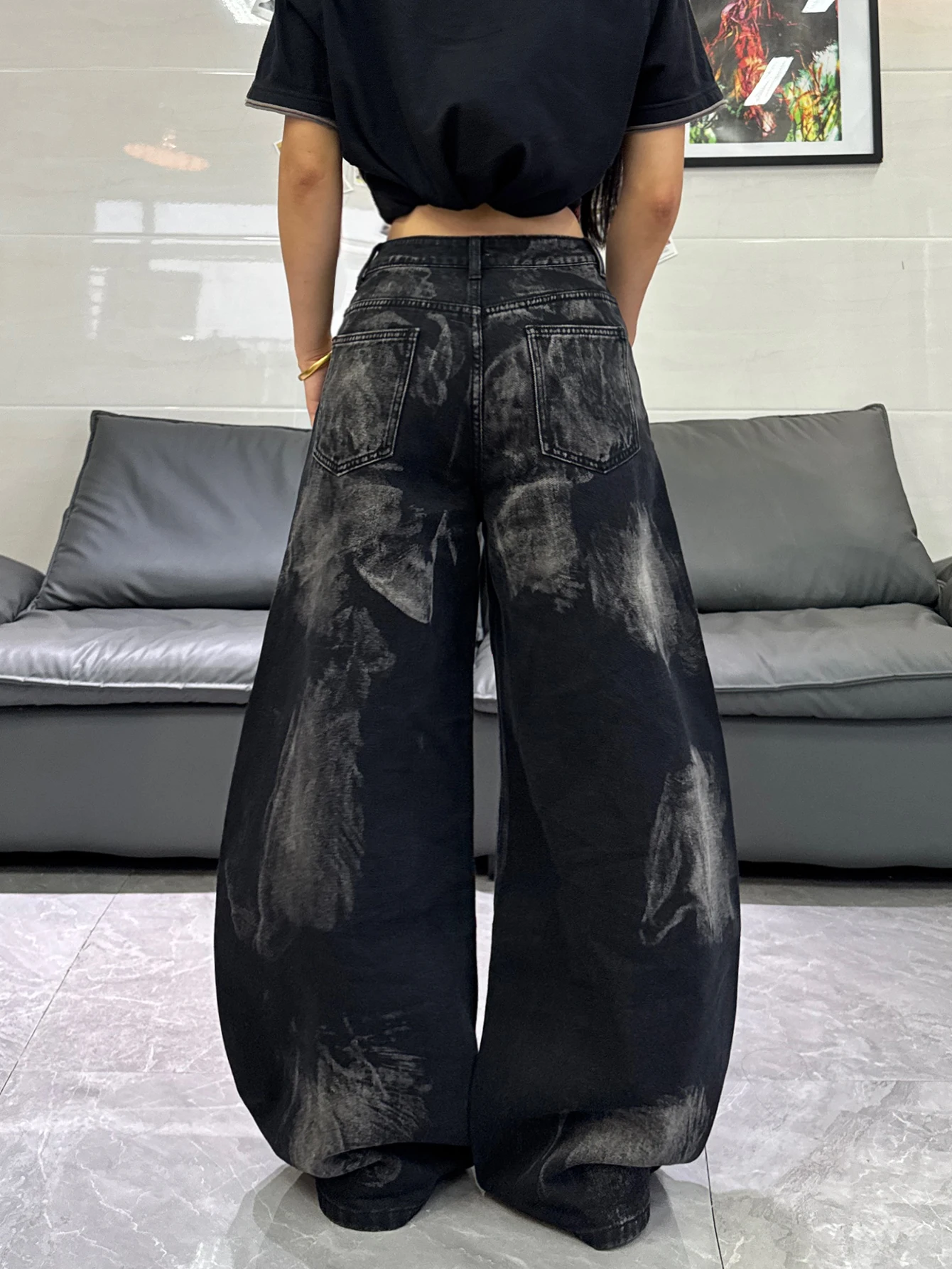 Women 2026 Summer Autumn Mid‑High Waist Wide Leg Y2K Jeans Tie‑Dye Washed Eyelet Decor Wear‑resistant Denim Street Trousers