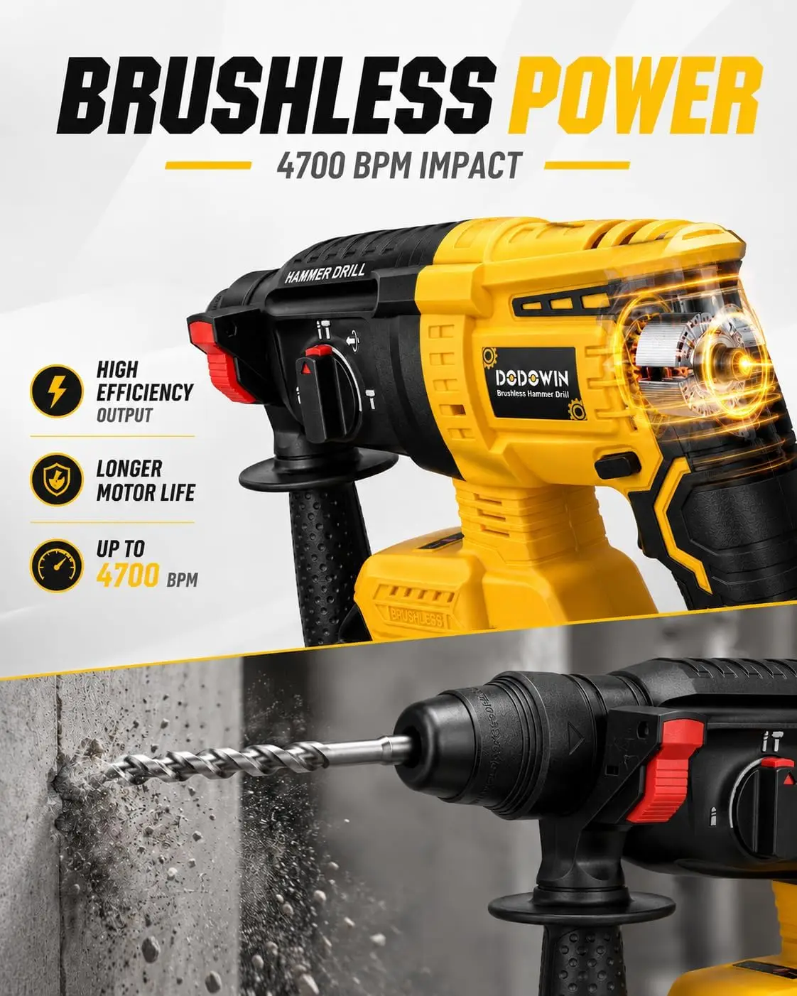 Cordless Rotary Hammer Drill, 2 Batteries, Bits and Chisels Kit V1 | Portable design handles concrete, masonry and home renovati