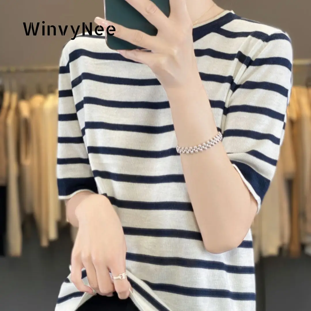 

WinvyNee Women's Wool Navy White Stripe Crew Neck Slim Fit Stylish Design Spring Soft Comfortable Knitted Basic Top ZA1047049