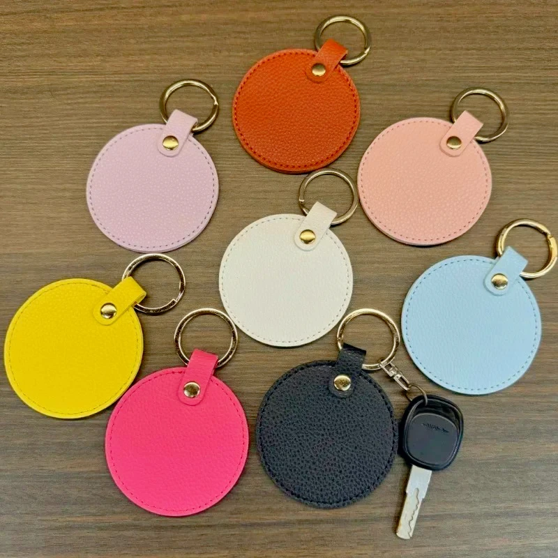 Porte-clés rond en cuir PU à motifs litchi personnalisés, accessoire de sac, Logo imprimé personnalisé, porte-clés circulaire