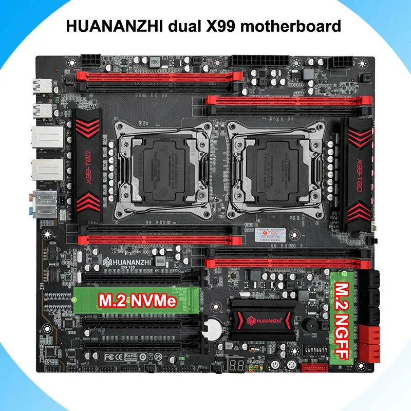 HUANANZHI X99-T8D Motherboard with 8 DDR3 RAM Socket M.2 NGFF NVMe SSD Slot Dual CPU Socket for 2676 2696 2678 V3 Processors