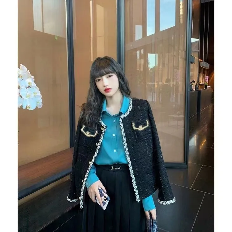 트위드 재킷 보석 버튼 여성용 여름 가벼운 린넨 실루엣 슬림핏 여성스러운 자수 빈티지 심플 여성