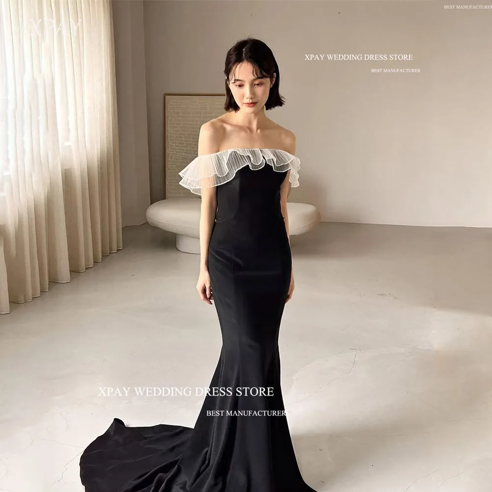 

XPAY Ruffle Black Elegant Strapless Wedding Evening Party Dresses Satin Mermaid Trumpet Bride Gowns Korea Photoshoot Customized