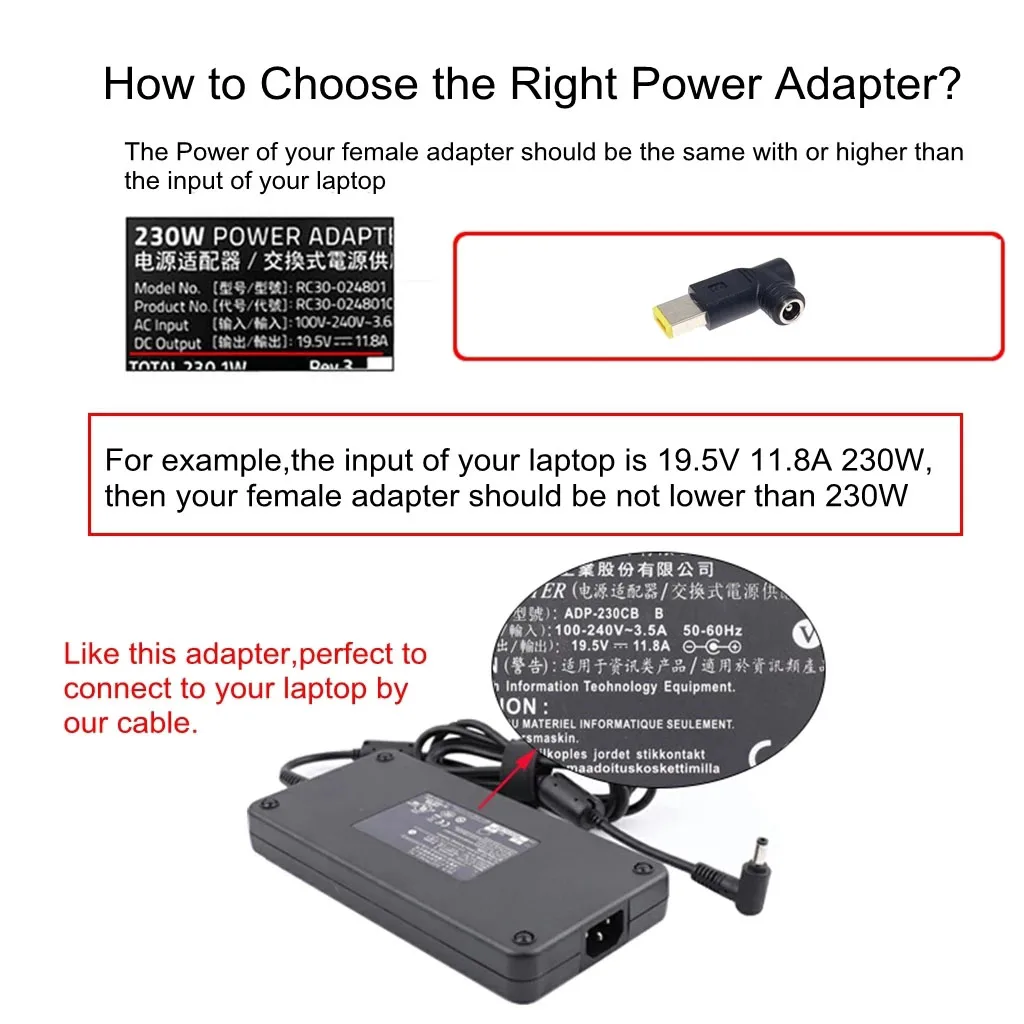 5.5*2.5mm to Square Plug DC Power Adapter Converter 240W Laptop Charger Connector for Lenovo ThinkPad Y7000 R7000 R9000
