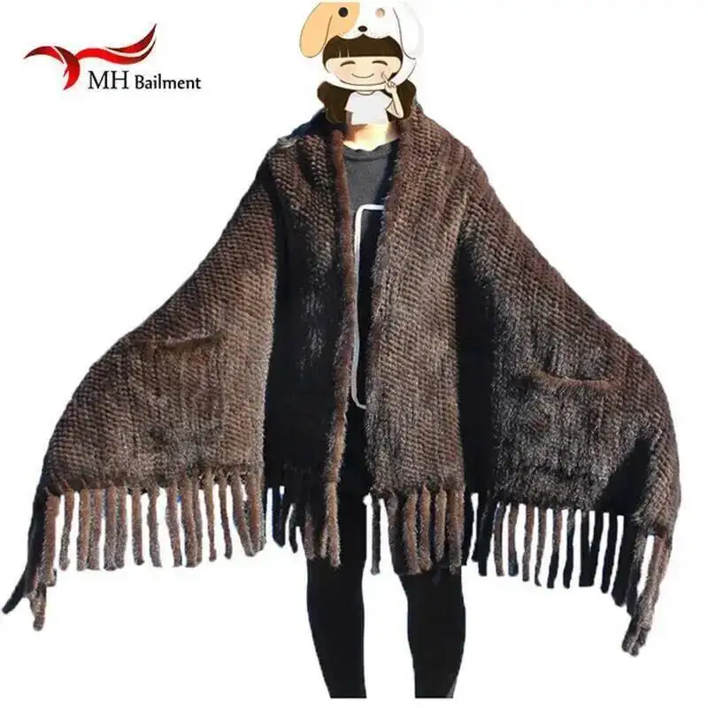 

Elegant Real Knitted Mink Fur Shawl Scarf Womens Casual Poncho Knitted Mink Fur Black Scarves Scarf, Hat Glove Sets S#2