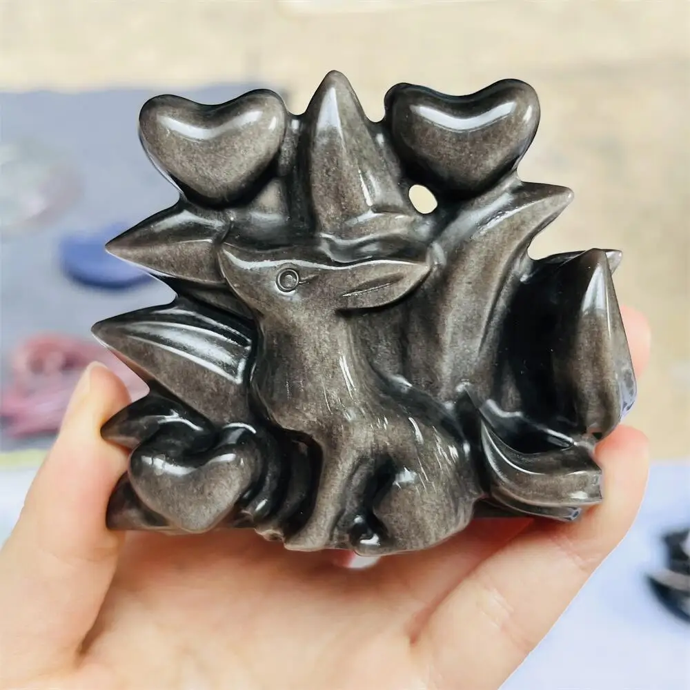 Silver Obsidian Nine-tailed Fox Animal Quartz Carving Polished Natural Healing Figurine Home Decor Animal Craft Gift