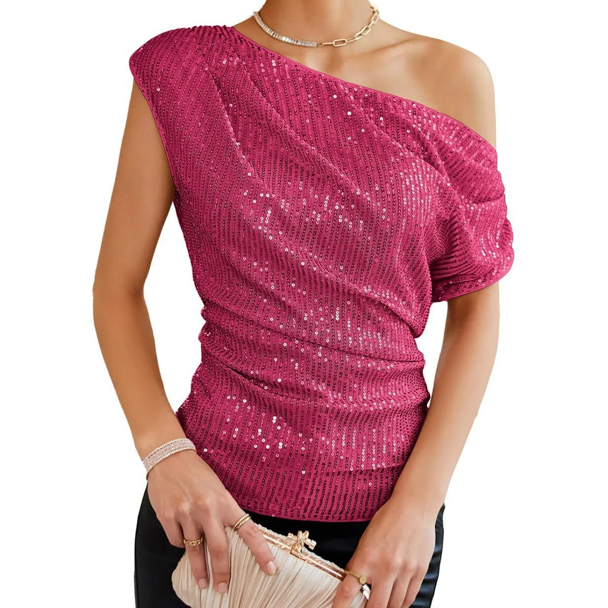 European and American One Shoulder Pleated Top, Short Sleeved Top, Sequin, New, Spring, Summer, 2022