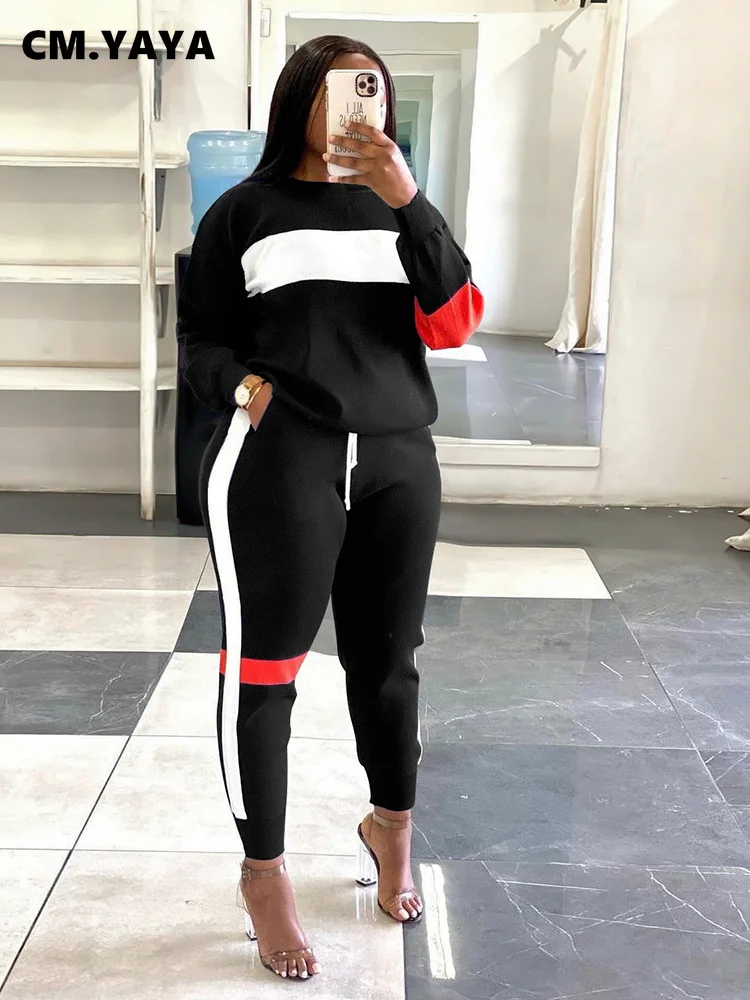 CM.YAYA Active Two 2 Pieces Set for Women Fall Winter Fitness Outfit Pullover Sweatshirt + Jogger Pants Sporty Street Tracksuit