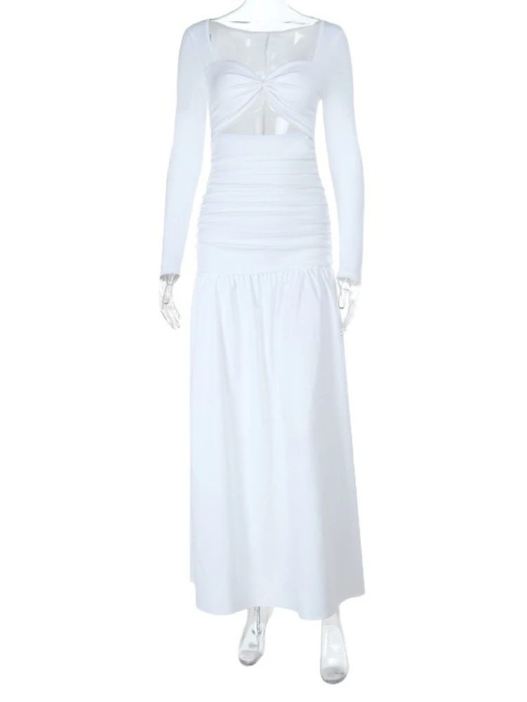 Foamlina 2025 Fall Fashion Solid Lange Mouw Jurk Vrouwen Elegante V-hals Cut-out Slanke Hoge Taille Plooien Holiday Party maxi Jurk