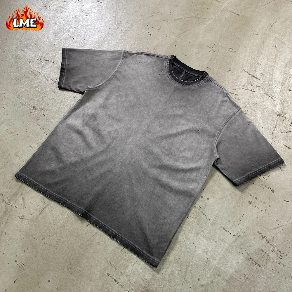 

Винтажная рубашка с потертым краем и логотипом, уличная одежда большого размера, 250GSM, 100% хлопок, мужская пустая футболка