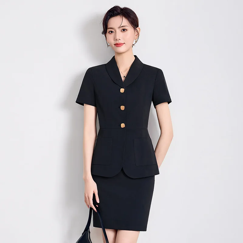 NAVIU ฤดูร้อนใหม่ Professional สีเทาชุดใหม่อารมณ์สง่างามธุรกิจ Slim Blazer และกระโปรงสํานักงานสุภาพสตรีชุดทํางานสีดํา