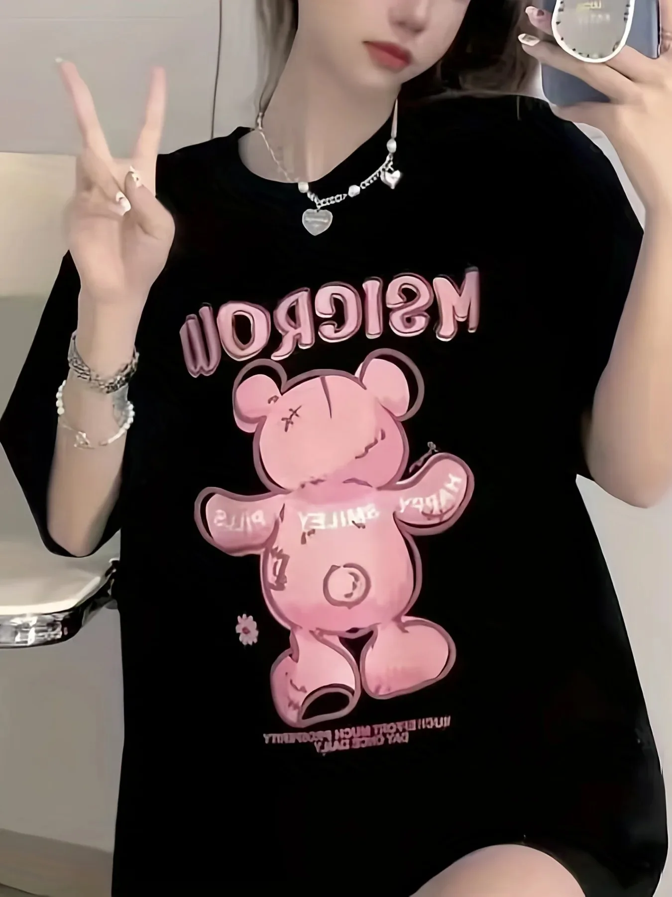 Ins Cartoon Pink Bear Letters Cute Print BF Style T-shirt Womans Cotton Graphic Tees Fashion Female Short Sleeve Comfortable