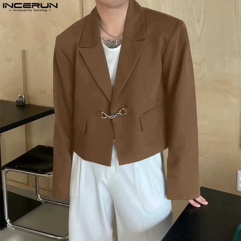 INCERUN Tops Korean Style Fashion New Men Metal Buckle Design Cropped Suit Coat Casual Simple Male All-match Long Sleeved Blazer