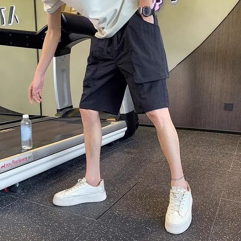 Bermuda Elastic Waist Long Loose Baggy Solid Male Short Pants with Draw String Pockets Men's Cargo Shorts Wide Half Distressed