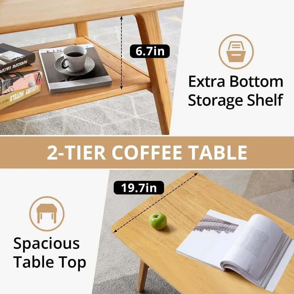 Coffee Table, Solid Wood Coffee Tables with Storage Shelf and Open Tabletop, Coffee Table
