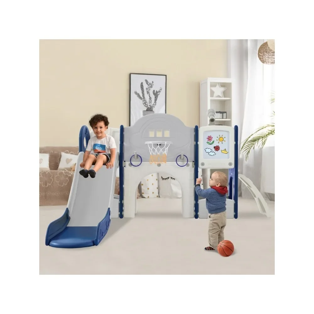 

Kids Slide Playset Structure 9 in 1 Spaceship Set with Slide Arch Tunnel Ring Toss Drawing White board and Basketball Hoop Slide