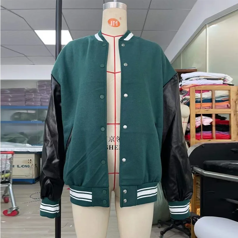 Women's Baseball Jacket Leather Sleeve Patchwork Hip-hop Bone Embroidery Autumn and Winter New Thickened Jacket 2024 New YDL38