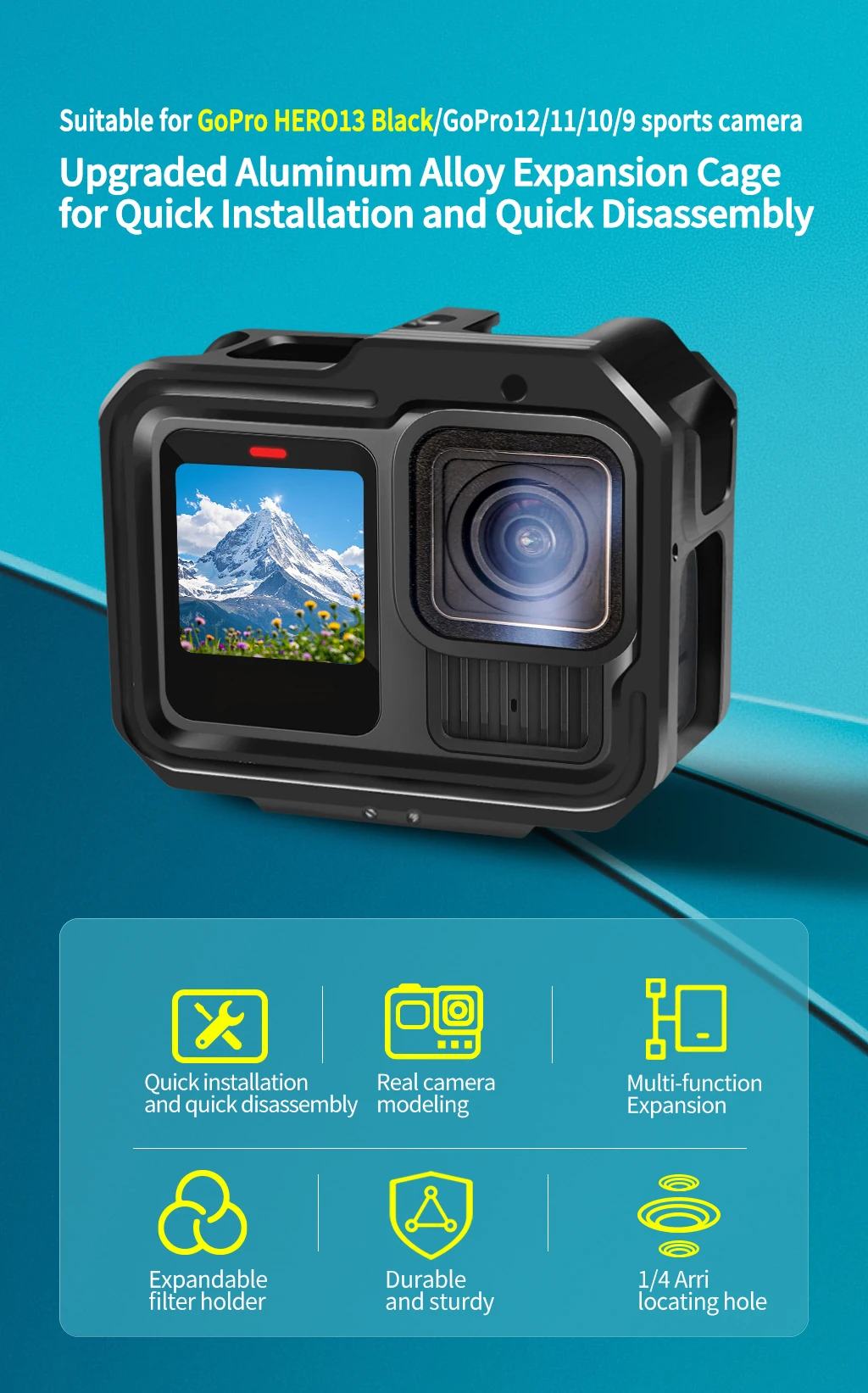 Aluminiumlegierungs-Kamerarahmenkäfig mit Cold-Shoe-Halterung, magnetischem, faltbarem Adapterhalter für GoPro Hero 13 11 10 Black Housing Rig – Detail 1
