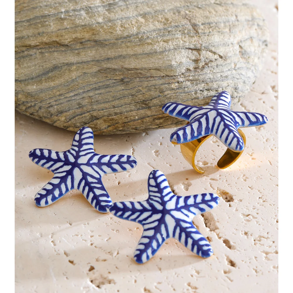 Blue Imitation Ceramic Starfish Stud Earrings & Ring Set