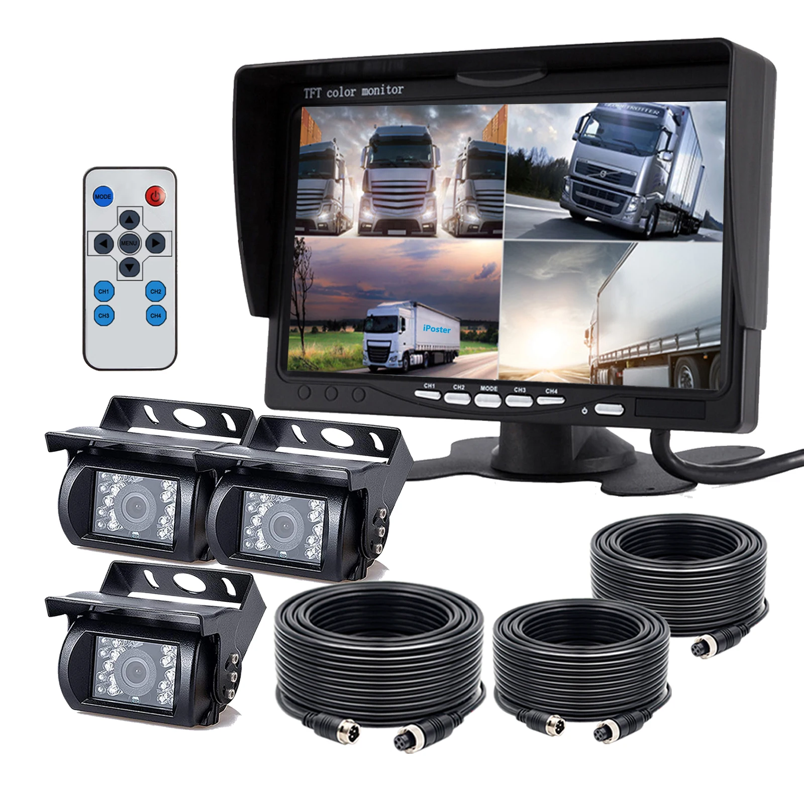 iPoster 7 Inch IPS Screen Quad Monitor Split Screen 12-24V 3x Front Rear View Camera Reverse Backup Infrared LEDs Night View IP68 Waterproof Anti-shock CCD Color Sensor 120 Degree View Angle Metal Case 2x 10m+1x 20m For Truck Bus Van Trailer Caravan